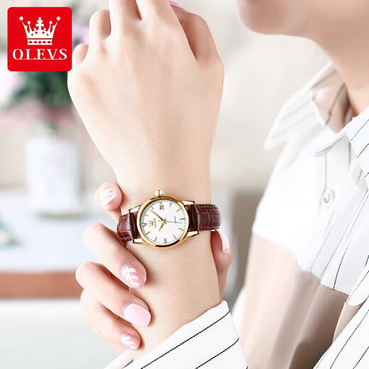 Olevs Brand Watches Women's Mechanical Watch Temperamento simple Watch Women's Women's Luminoso Hollow Hollow Diamond Diamond Set Watch Women's 6629 mejorado Versión mejorada de cuero marrón