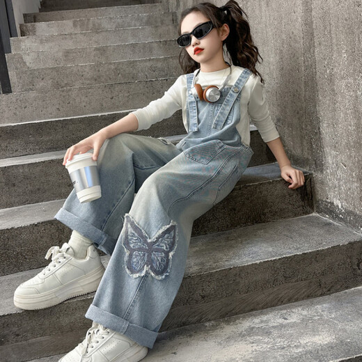 Disney (Disney) Girls Spring Pants 2025 New Style Wide Leg Pants Girls Straight Overalls Children's Clothing Spring Middle and Older Children Patch Butterfly Overalls 120 cm