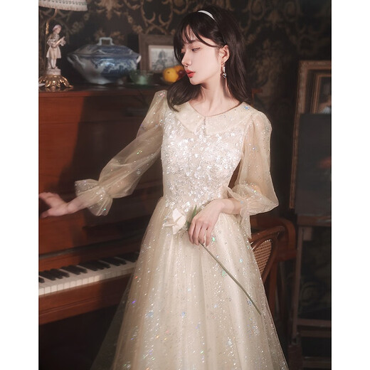Zhufan music student art exam dress piano performance fairy evening girl vocal banquet adult ceremony dignified and elegant middle school student champagne color long sleeves long zipper style 2XL
