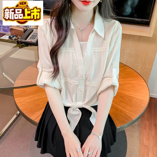 Früher Durchmesser, gefälschtes zweiteiliges Saum-Knoten-Langarm-Chiffon-Shirt für Frauen, 2025, neues Frühjahr, lockeres Hemd im koreanischen Stil, Oberteil im Western-Stil, 5009-Blau. Wählen Sie nicht die Figur aus. Wählen Sie nicht die Person aus. S Gewicht 85-95Jin Jin entspricht 0,5 kg