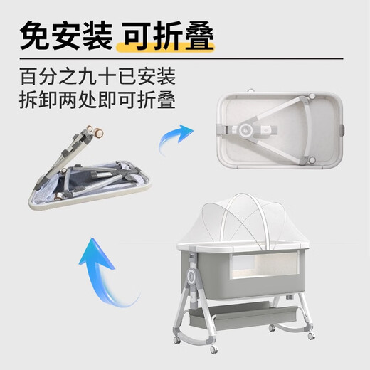 No. 1 starting point (yi hao qi dian) foldable crib twist bed surround removable newborn baby cradle bed splicing large bed folding rocking baby bed high carbon steel blue-storage basket + mosquito net memory mattress