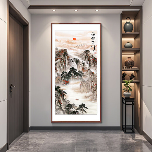 Good wood, the rising sun, hand-painted Mount Tai, sunrise, Chinese painting, entrance hall, central hall hanging painting, decorative painting, ink landscape painting mural, D-Hainan Baichuan, 60*120cm high-definition giclée, elegant walnut solid wood frame, solid wood thin frame