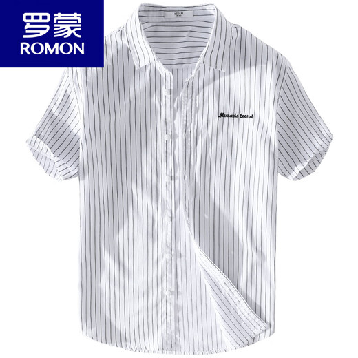 ROMON men's striped shirt short-sleeved loose summer thin Japanese casual all-match cotton shirt summer clothes 9740 white M 100Jin Jin is equal to about 0.5 kg