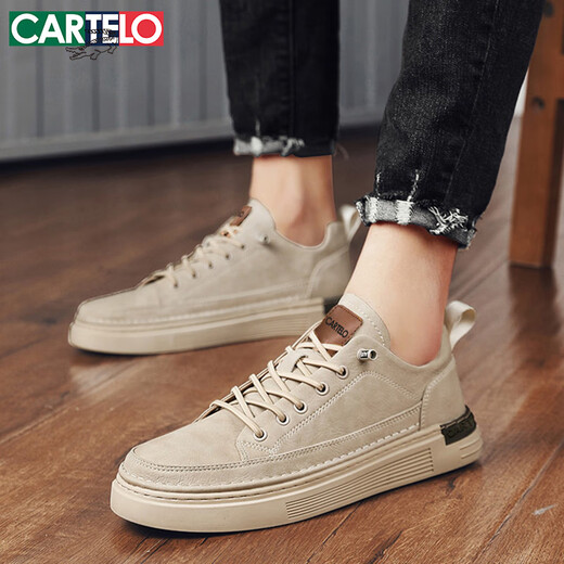 CARTELO Shoes Men's 2025 Summer Casual Shoes Men's Shoes Fashion British Style Leather Shoes Trendy Soft Sole Shoes Beige 41