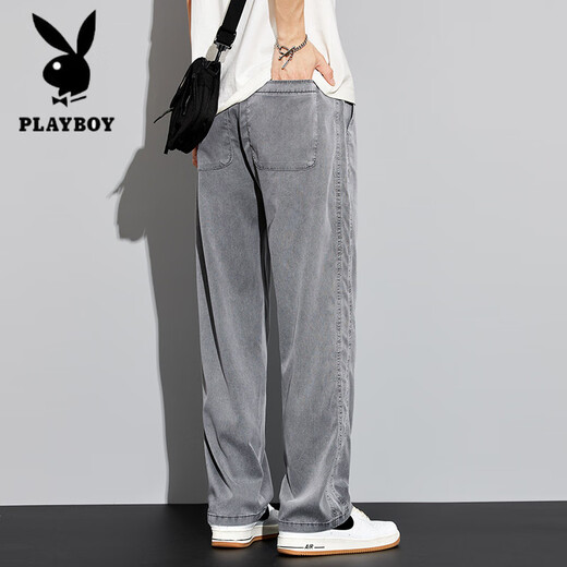 花花公子（PLAYBOY）春秋薄款天丝牛仔裤男士宽松直筒休闲阔腿裤男超薄冰丝潮牌长裤男 YM-1048灰色 3XL