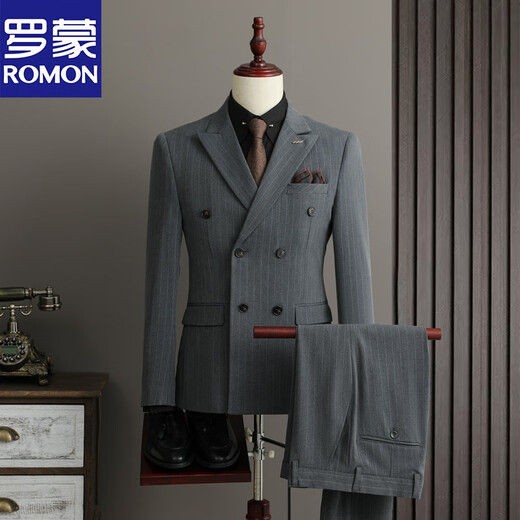 ROMON three-piece spring suit men's suit groom wedding dress slim business striped high-end British suit men's high-end blue suit + vest + trousers XL (suitable for 125-135 Jin Jin equals 0.5 kg)