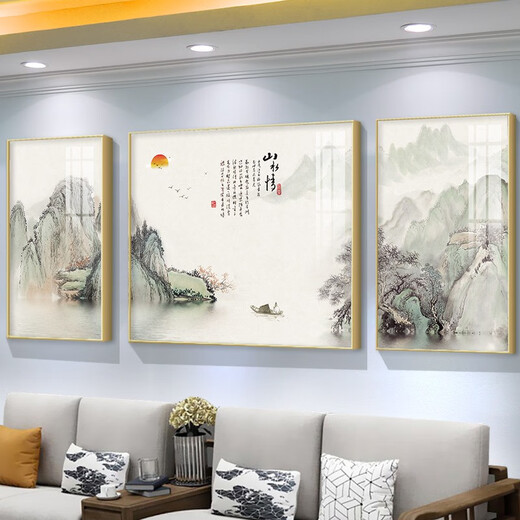 新中式客厅装饰画简约大气沙发背景墙软装壁画办公室山水风景挂画 TXMG4867 中间100*70cm/左右50*70cm适用3