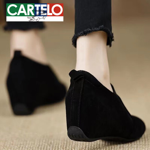 CARTELO brand 2025 handmade women's shoes new wedge heel round toe shoes comfortable nubuck leather elastic band solid color black women black 37