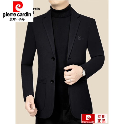 皮尔卡丹（pierre cardin）春秋新款男士西服中年休闲韩版修身简约羊毛西装外套新品 黑色 L 175 120-138斤