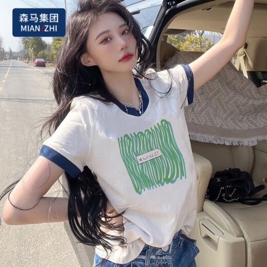 棉致正肩纯棉短袖t恤女时尚休闲上衣2025夏装宽松撞色 KC723蓝边白色 L