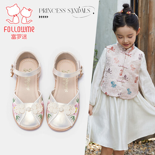 Fuluo Mi Girls Sandals Summer Little Girls Chinese Style Embroidered Hanfu Shoes Soft Sole Baotou Princess Shoes Qianxing 29