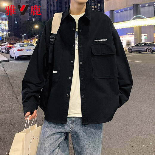 Yalu Spring and Autumn Loose Jacket Men's Trendy Hong Kong Fashion Style Jacket Men's Street Casual Large Size Tops Graphite Black Black XL Recommended 100-135Jin Jin is equal to 0.5 kg