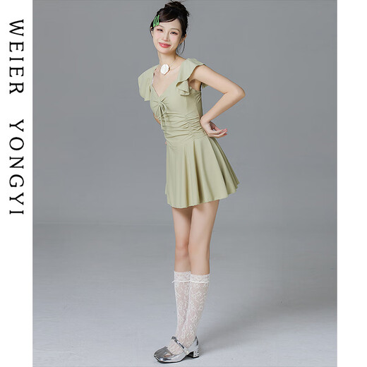 Lugeli swimsuit for women, bathing in hot springs to cover the belly and make the body look slimmer, small breasts gathered to cover the belly, ins style small flying sleeves resort swimsuit, green swimsuit, one size fits all, recommended 80-120Jin Jin is equal to 0.5 kg