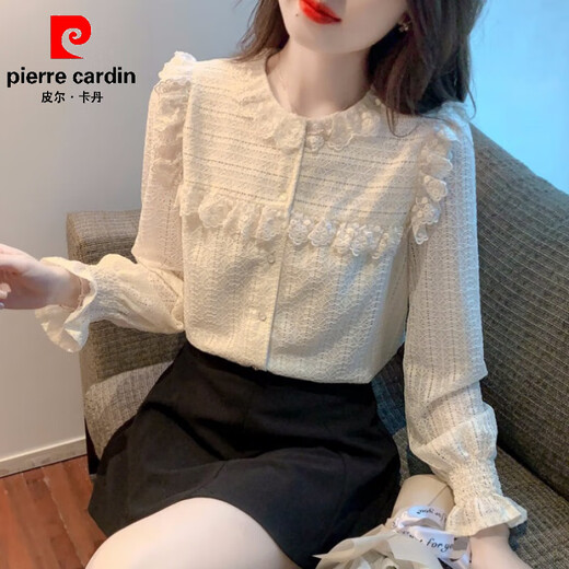 Pierre Cardin bottoming shirt for women, velvet and thickened lace inner top, fashionable and fashionable shirt, autumn and winter 2025 new style, apricot M 165