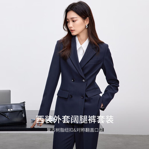 Shandubila Anti-wrinkle Professional Suit Suit Women's Spring and Autumn Formal Small Suit Jacket Wide-Leg Pants Two-piece Set Navy Blue XL
