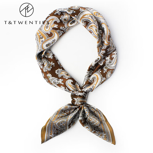 T&Twenties新款真丝男士缎面丝巾围脖冬季桑蚕丝脖子方巾复古腰果花蓝色灰色 真丝方巾 7029 浪漫.金棕佩斯利