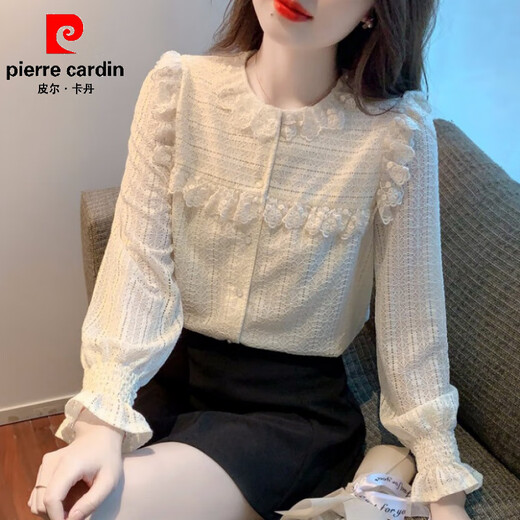 Pierre Cardin bottoming shirt for women, velvet and thickened lace inner top, fashionable and fashionable shirt, autumn and winter 2025 new style, apricot M 165