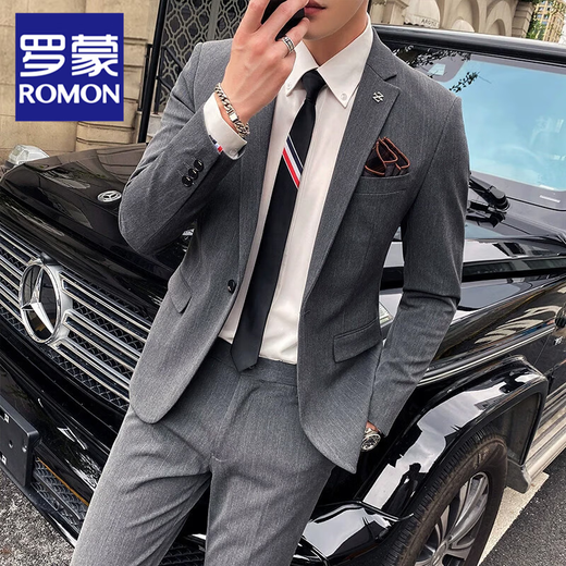 ROMON Spring and Autumn High-end Groom's Suit Suit Men's Gentleman's Business Work Professional Formal British Slim Suit Men's Brown Gray Jacket + Pants XL