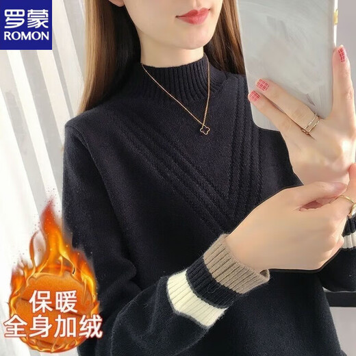 ROMON Sheep Sweater Women's Plus Velvet Thickened Half-Turtleneck Sweater Women's Autumn and Winter New Loose Western Style Warm Knitted Bottoming Sweater Apricot Plus/Fleet Plus/Thick High Quality XL Recommended 120-130 Jin Jin equals 0.5 kg