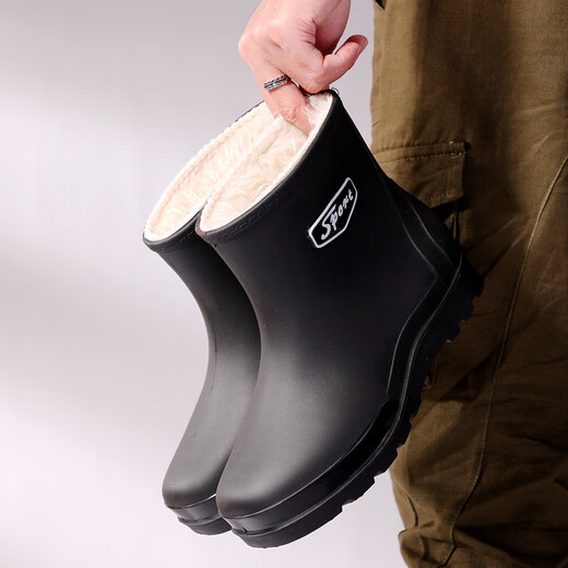Hui Lijun feste Samt-Regenstiefel, modische einteilige verdickte Herren-Regenstiefel, Herbst- und Winterarbeit im Freien, verschleißfeste rutschfeste Gummischuhe für Herren WZ698, kurze Röhre, schwarze Plane, Standard 44, hohe Qualität