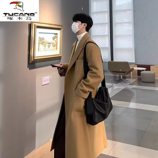 Woodpecker (TUCANO) new autumn and winter woolen coat men's handsome set mid-length knee-length woolen windbreaker jacket men's three-piece set black coat + sweater + suit pants L