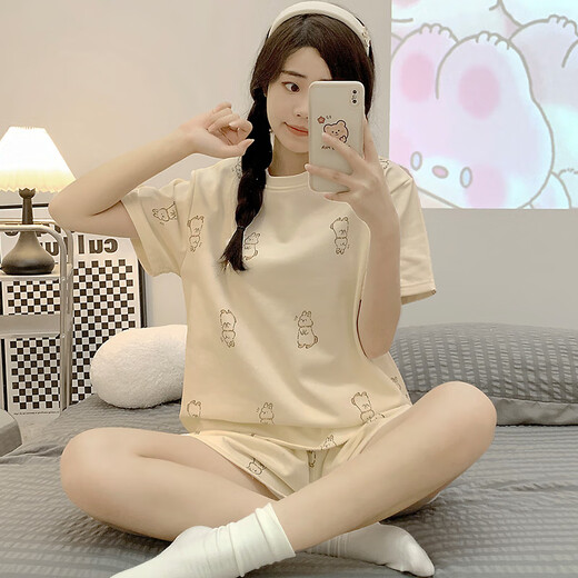 GTYUWVG pajamas for women in summer short-sleeved cartoon cute rabbit 2025 spring and summer Korean round neck home clothing set 1048 purple rabbit M Recommended weight 75-95 Jin [Jin equals 0.5 kg]
