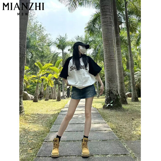 棉致重磅纯棉拼接短袖T恤女夏季宽松休闲五分袖半袖薄款圆领上衣打底 V683黑拼白【高品质22.5】 XL 120-135斤