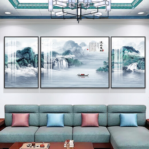 新中式客厅装饰画简约大气沙发背景墙软装壁画办公室山水风景挂画 TXMG4867 中间100*70cm/左右50*70cm适用3