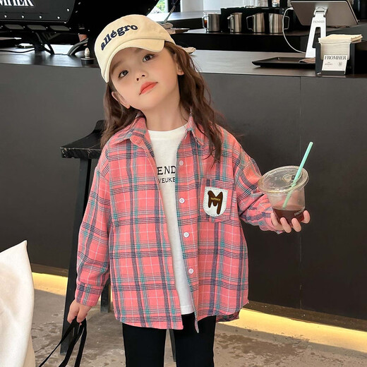 Tutu Elephant Girls' Shirt 2026 Spring New Baby Retro Plaid Shirt Children's Brushed Jacket Pink 140
