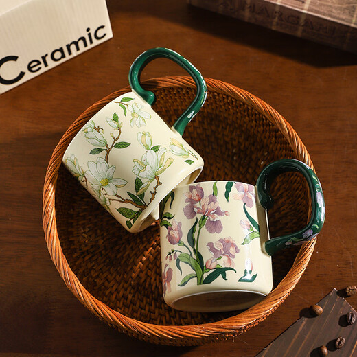 Sherry French retro ceramic couple mug niche coffee cup water cup girl high-looking office drinking cup Iris 400ML exquisite color box | can enter four machines