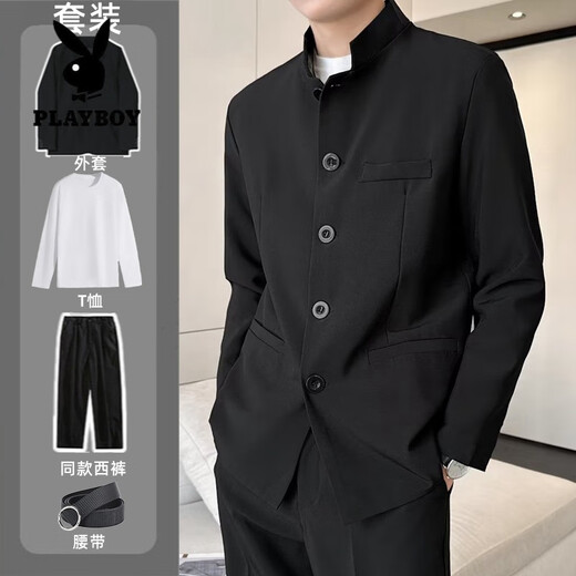 Playboy (PLAYBOY) New Chinese style tunic suit handsome stand collar national style suit jacket suit dress casual Tang suit shoulder pad black jacket + pants belt 2XL