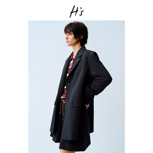 H s flat lapel haute blazer women's spring new high-end design wool blend H profile shoulder pad coat Navy L