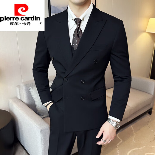 Pierre Cardin Groom Wedding Double-breasted Suit Men's Suit British Style Business Casual Formal Wear Master of Ceremony Groomsman Suit Three-piece Suit Black (Double-breasted Suit) 2XL