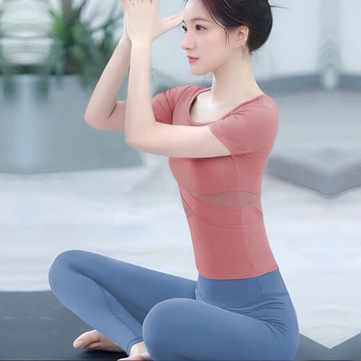 Shuangxiu Beautiful Yoga Wear Top for Women 2025 New High-Looking Pilates Training Sports Fitness Short-Sleeved Suit Spring and Summer Rose Pink Top + Gray Blue Pants Suit XL (120-135)