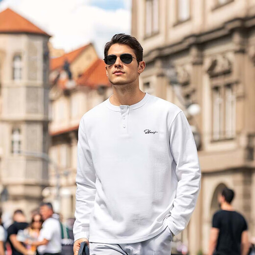 SLLAVIF spring American retro khaki Henry collar long-sleeved T-shirt men's casual slim inner T-shirt bottoming shirt white XL recommended 130-150Jin Jin equals 0.5 kg