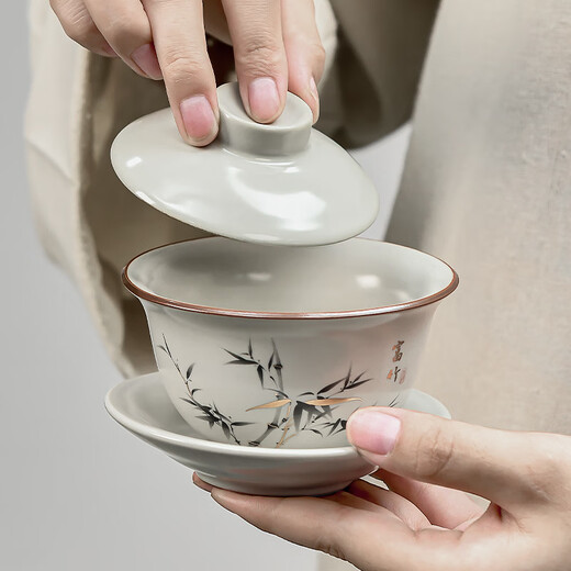 Gaiwan tea set three-piece set Ru kiln Fu Bamboo Sancai tea bowl single home reception tea set Huang Ru/Gaiwan (Fu Bamboo) rich style 130ml