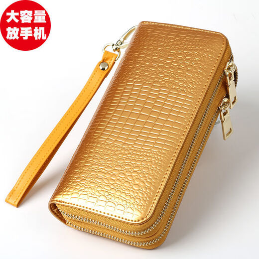 Sac d'embrayage de Kuqidishu pour femmes Cow Hide Long Double Zipper portefeuille Fashion grande capacité Sac mobile Zhaocai Sac de carte multifonctionnelle jaune Zhaocai Gold