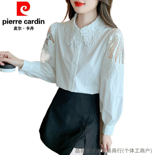 皮尔卡丹（pierre cardin）刺绣领女年春秋装时尚绣花白色衬衣百搭长袖上衣针织 CY9227 白色 S 【建议75-95斤】