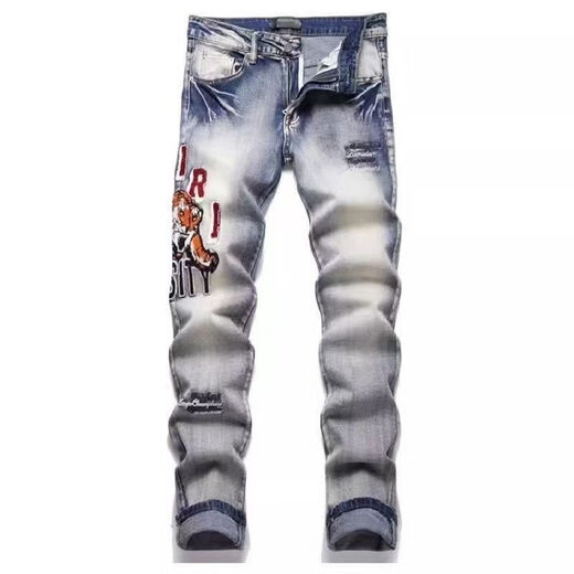 Fadenjue Emil Slim Fit Men's Jeans Lettre de broderie déchirée Patch Patch Slim Fit [de haute qualité] M724 M 95-105Jin [Jin est égal à 0,5 kg]