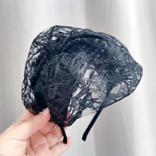 CLCEY half hat headband to cover white hair, Western-style wide-brimmed headband, women's headwear, French lace spring and summer fashion beret, lace half hat black