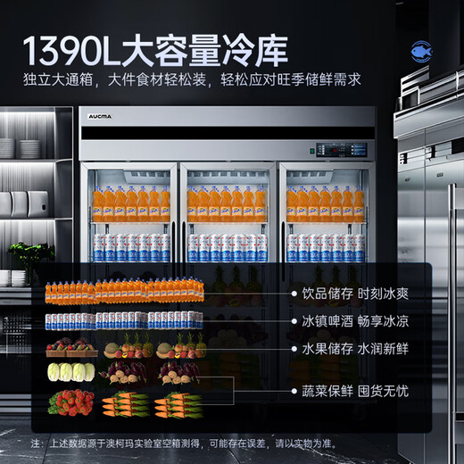 AUCMA Kühlvitrine für Gewerbe, große Kapazität, vertikale Doppeltür, Glastür, Obst, Gemüse, Bier, Blumenhotel, Frischvitrine, Vitrine, Getränkeschrank, luftgekühlt, frostfrei, 1390 Liter, drei Türen, VC-1390AW