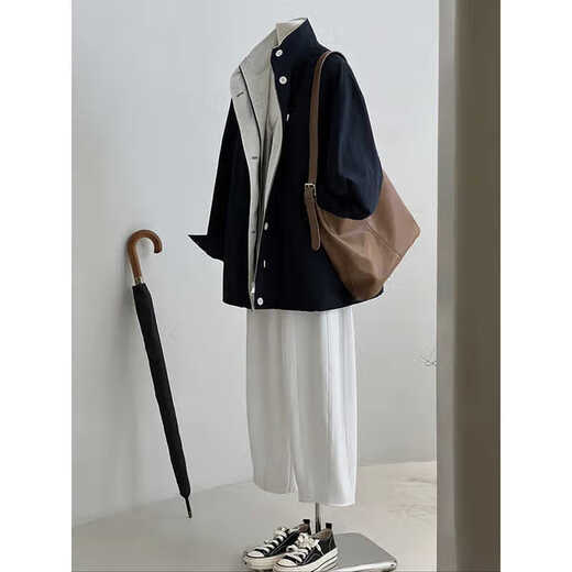 ROMON sense stand collar windbreaker jacket for women 2025 new spring and autumn small casual Korean Hepburn style short women's clothing navy blue L -110-120Jin Jin is equal to 0.5 kg