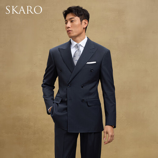 SKARO Handmade Milan Eye & Anti-Wrinkle Double Breasted Suit Men's Business Wedding Suit 2025 Silver Stripe SKG1651A Size 48 Top Please note the size of the trousers