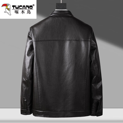 Woodpecker 2025 autumn and winter new style middle-aged men's stand-up collar leather jacket, middle-aged and elderly dad's outfit, velvet thickened leather jacket, black XL