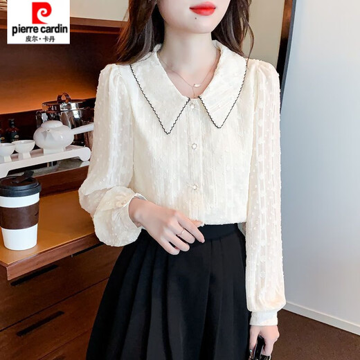 Pierre Cardin (pierre cardin) chiffon shirt women's long-sleeved 2025 spring new style doll collar top-like shirt, chic and beautiful shirt, apricot version - lining L recommended 105-115Jin Jin equals 0.5 kg