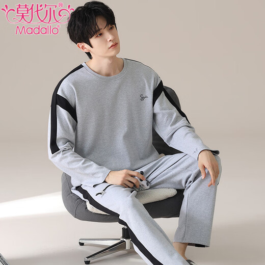 Modalga Large-Size-Baumwollpyjamas für Männer Frühling und Herbst Neue Pullover runden Hals mittleren Alters und junge Männer lässig einfache lose Hauskleidung 9901 L 100-130jin [Jin ist 0,5 kg]