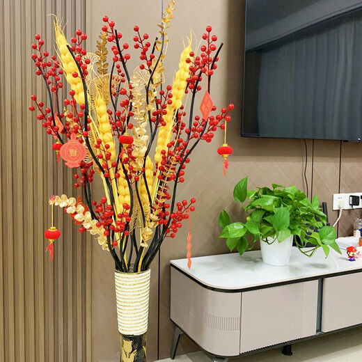 MPPMCK fortune red fruit New Year's Eve living room artificial flower floor decoration fake flower ornaments wedding decoration housewarming flower arrangement with bottle 10 fruits 2 barley