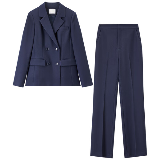 Shandubila Anti-wrinkle Professional Suit Suit Women's Spring and Autumn Formal Small Suit Jacket Wide-Leg Pants Two-piece Set Navy Blue XL