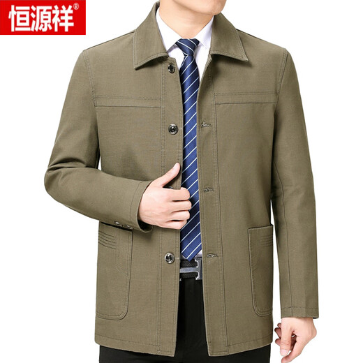 Hengyuanxiang pure cotton windbreaker men's spring and autumn new loose middle-aged dad's outfit grandpa lapel jacket large size coat top 903 Khaki 3XL 185 140-160Jin Jin equals 0.5 kg