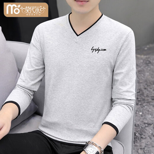 Modal Men's Long Sleeve T-Shirt 2025 New Autumn Season Contrast Color V-Neck Top Slim Fit Sweetheart Neck Bottoming T-shirt White XL 130-145Jin Jin is equal to 0.5 kg